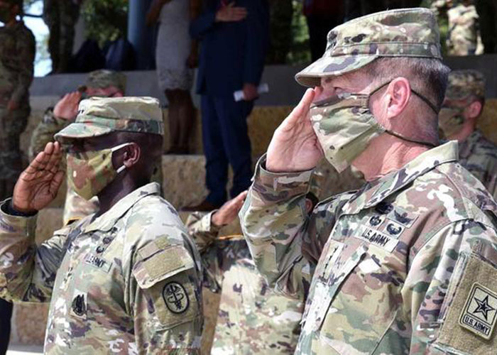 Gen. James C. McConville, and Lt. Gen. R. Scott Dingle wearing face masks