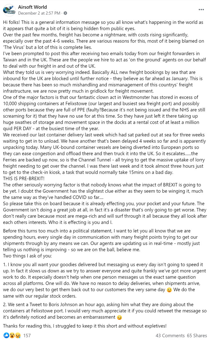 Airsoft World Supply Issue Facebook Post