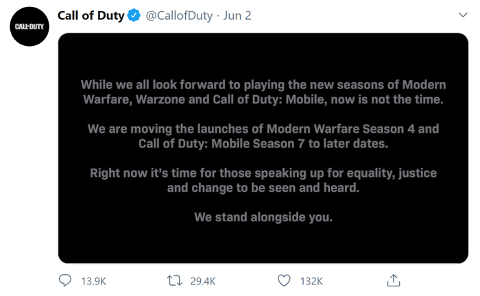 Call of Duty Season Delay Tweet