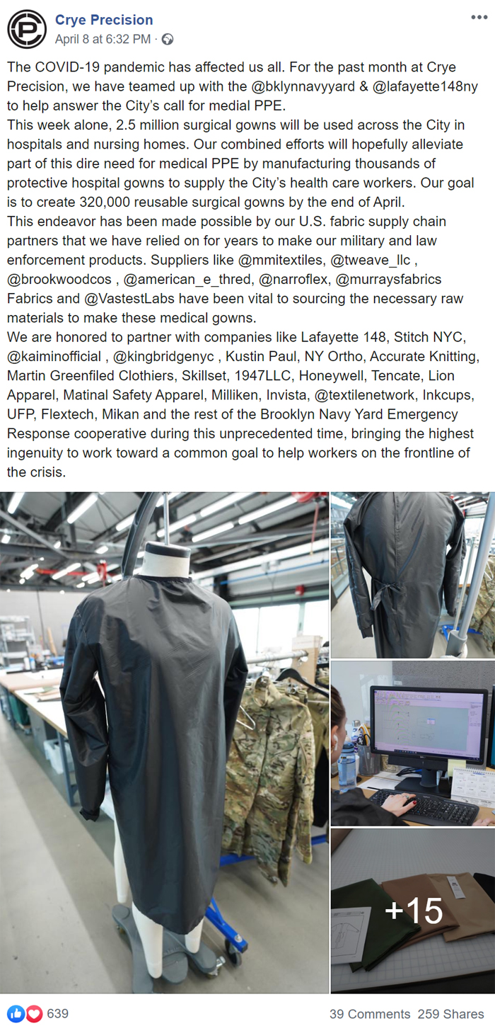 Crye Precision Covid-19 Response Facebook