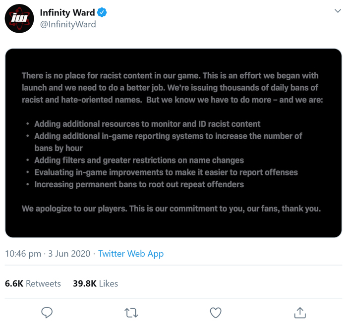 Infiniy Ward On Racist Content In Call of Duty Tweet