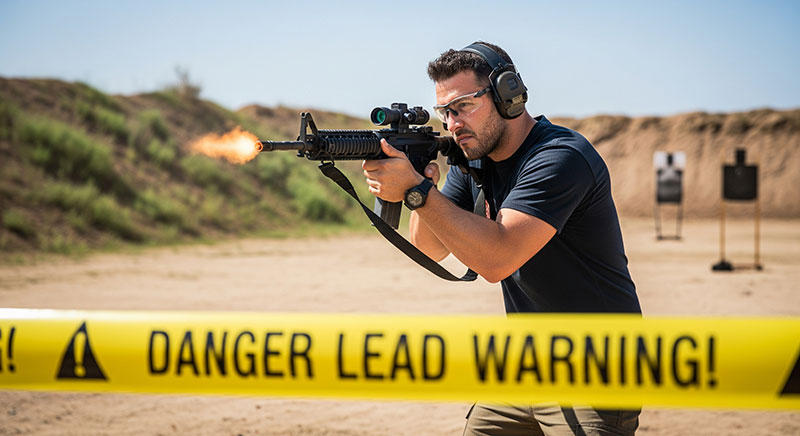 Male Shooter At Range With Lead Warning Tape