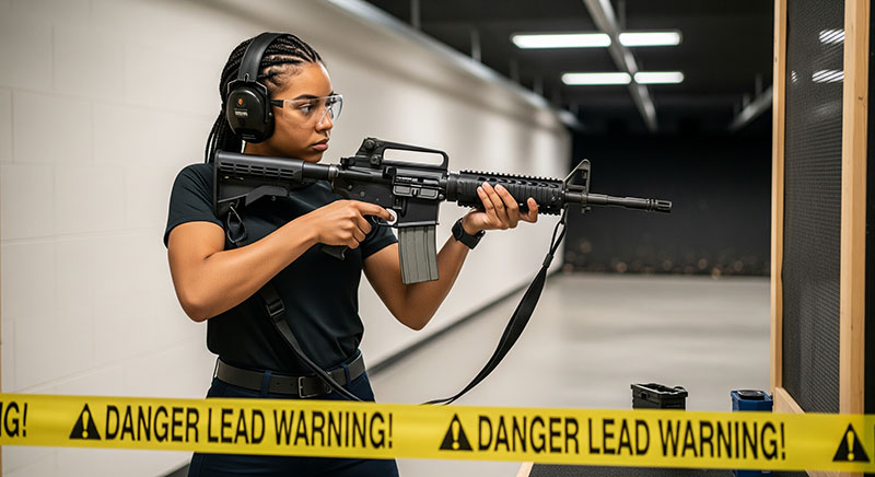 Female Shooter At Range With Lead Warning Tape 02
