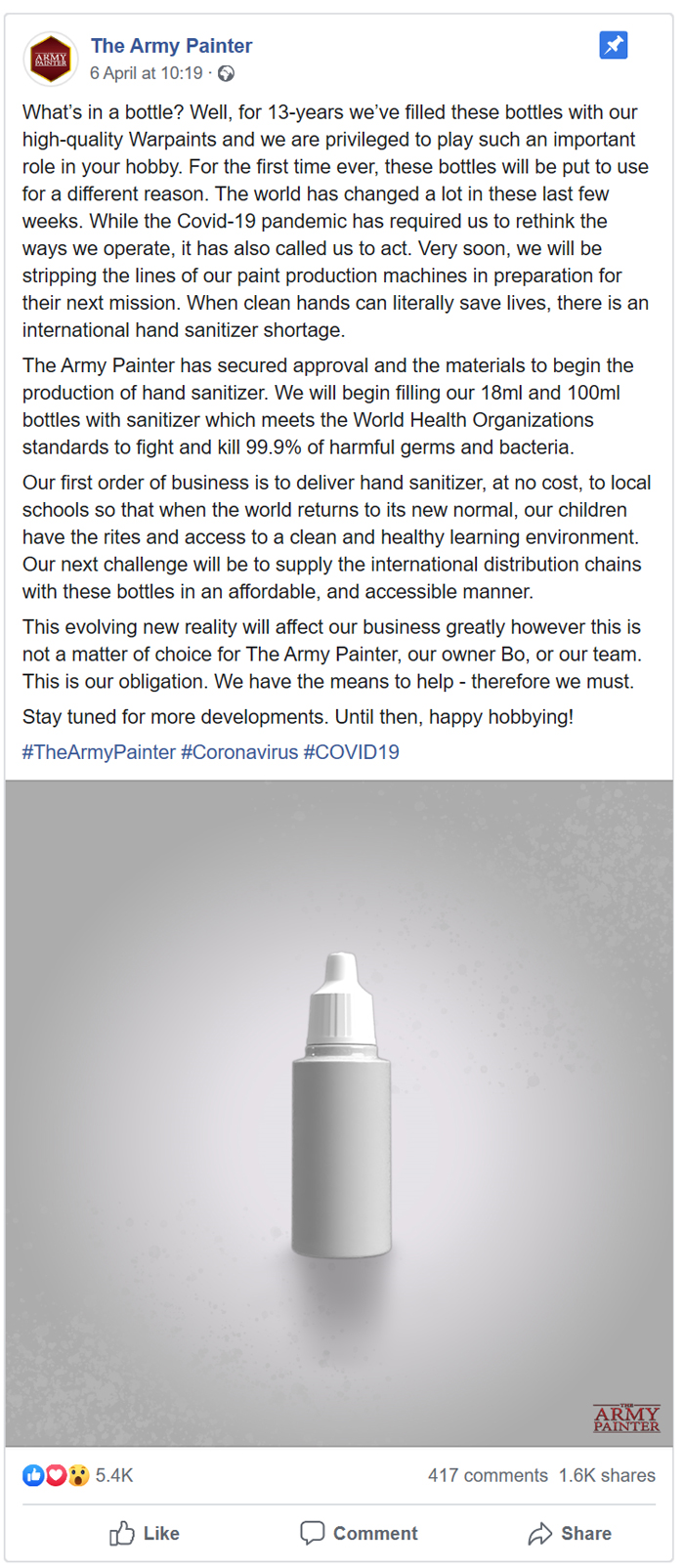 The Army Painter Hand Sanitiser FB post